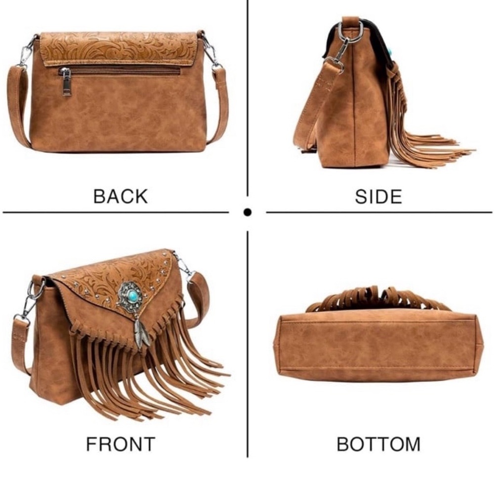 NEW Western Fringed Brown with Turquoise Crossbody Bag - Picture 3 of 8